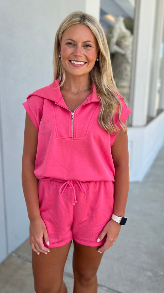 Half Zip Cropped Sweatshirt and Short SET, Hot Pink