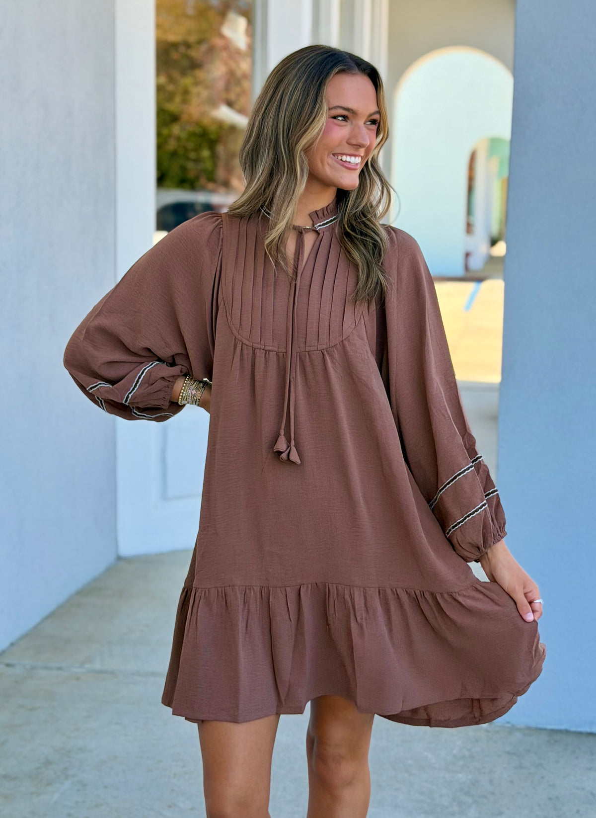 Mocha Pleated Smock Tiered Dress
