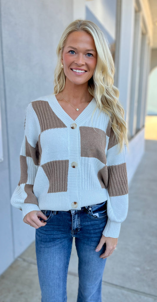 Checkered Button Front Textured Cardigan