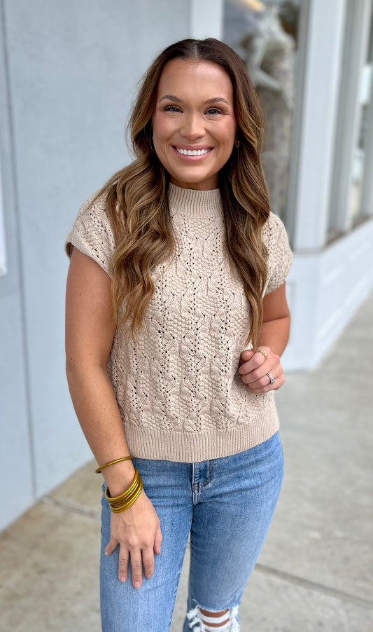 Oatmeal Cable Knit Mock Neck Sweater