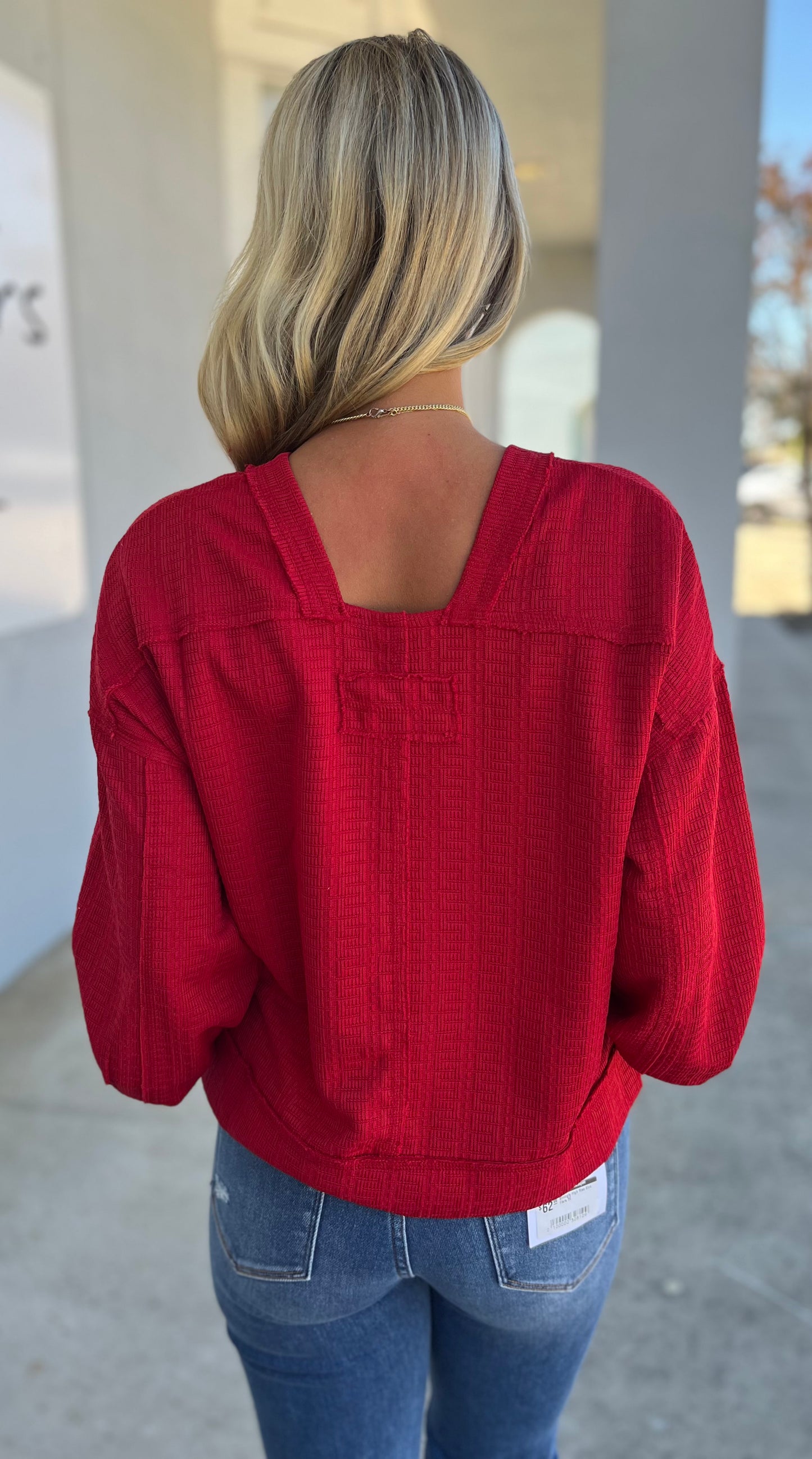 Raw Edge Textured Knit Top , Red