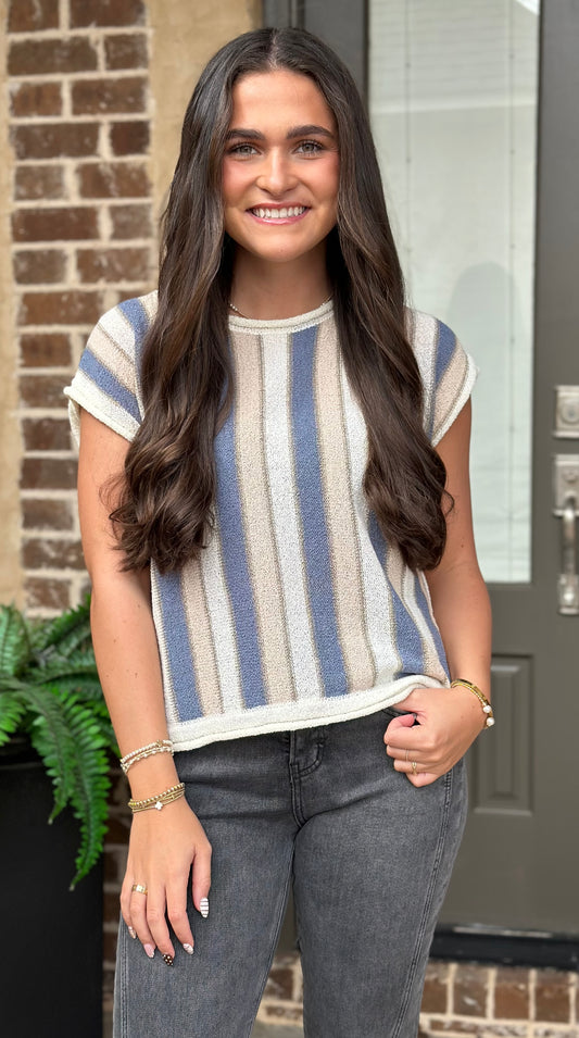 Taupe/Blue Striped Knit Sweater Top