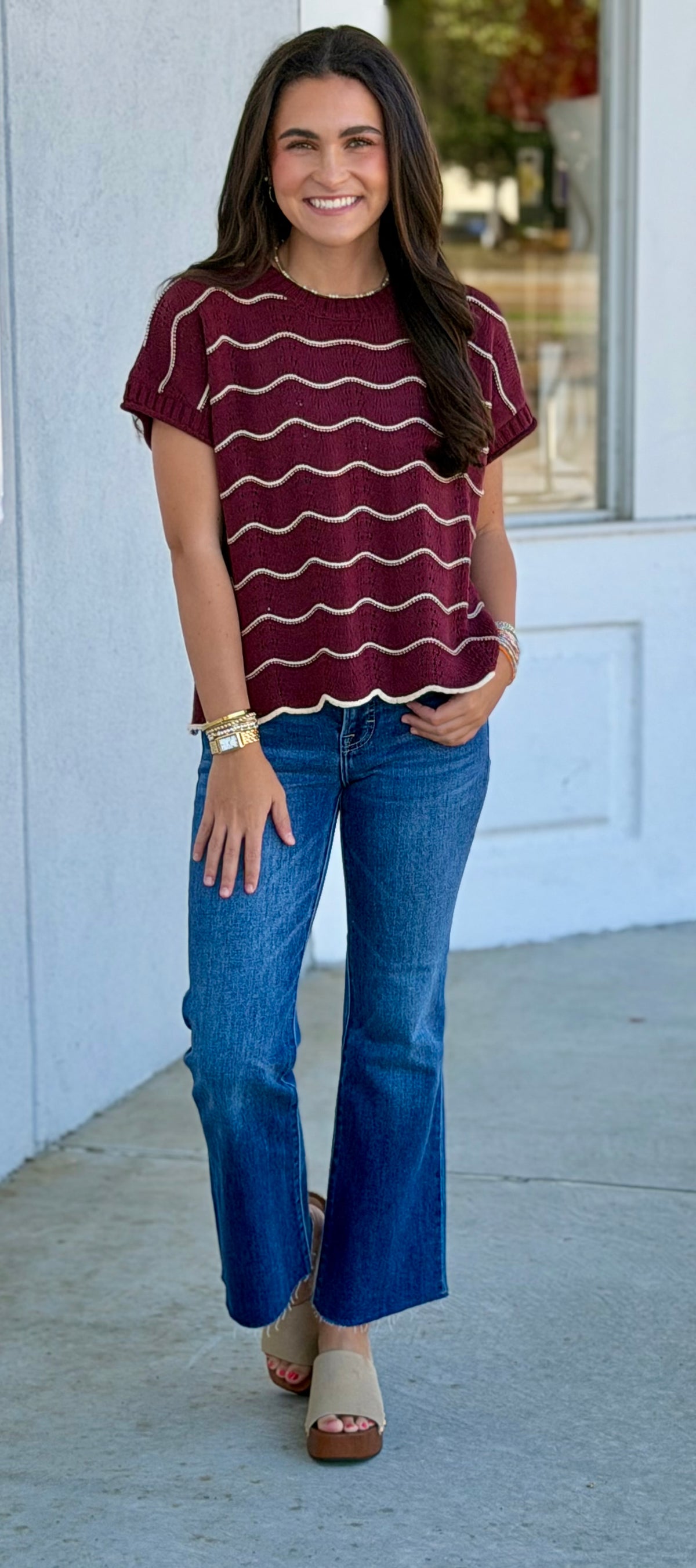 Wine Scallop Pattern Sweater Top