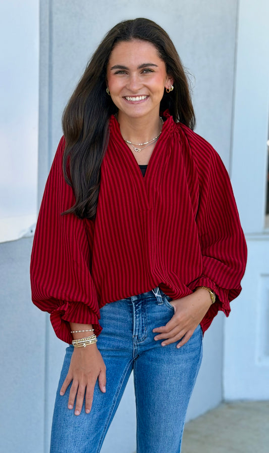 Crimson Stripe Split Neck Blouse