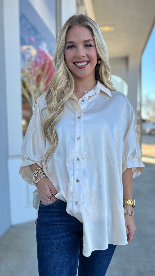 Ivory Satin Button Down Shirt