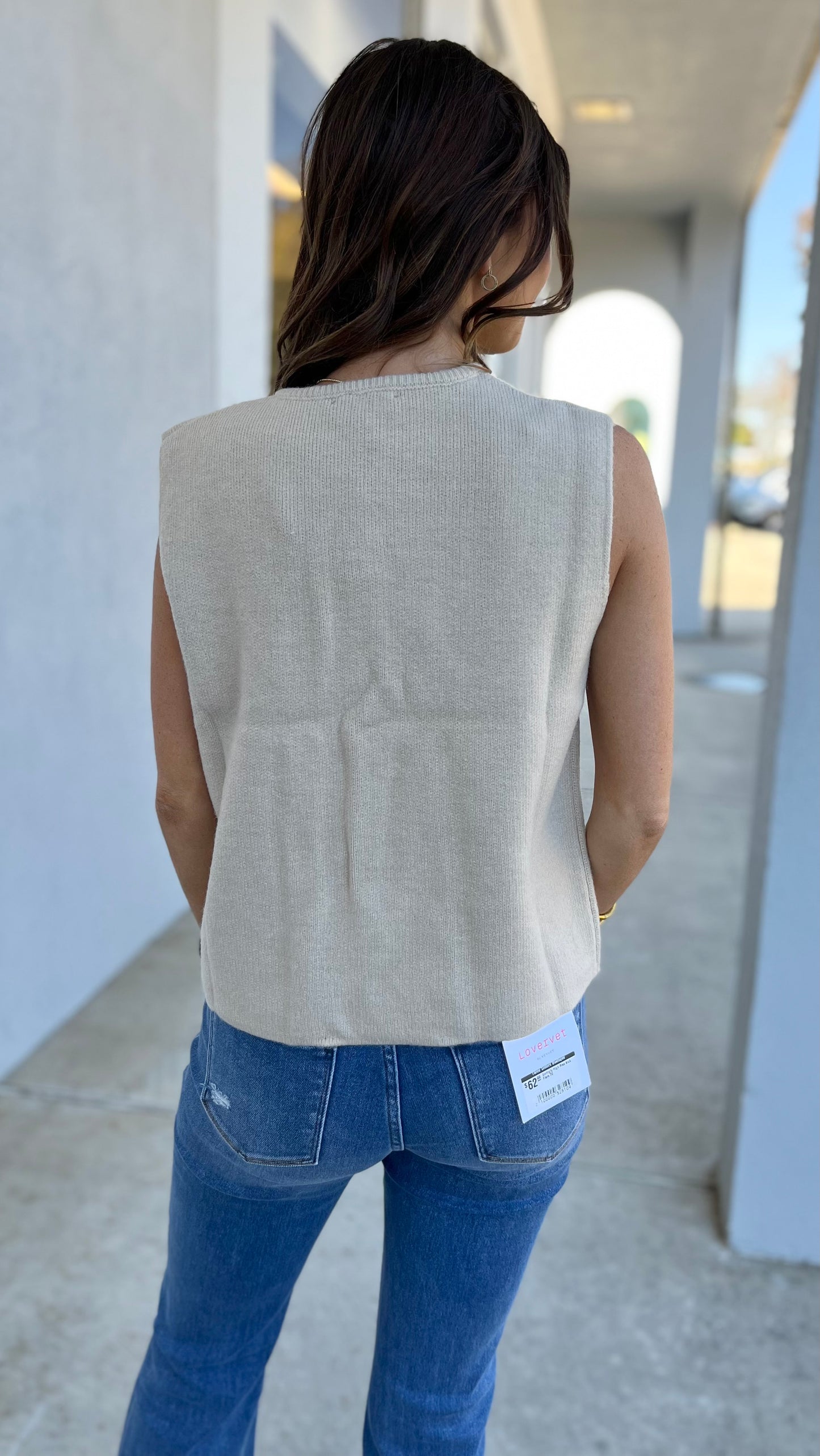 Taupe Round Neck Gold Button Sweater Vest