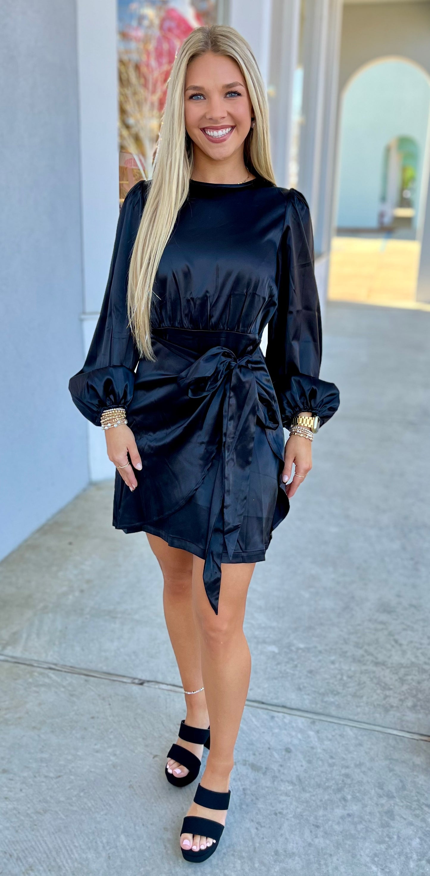 Black Satin Tie Dress