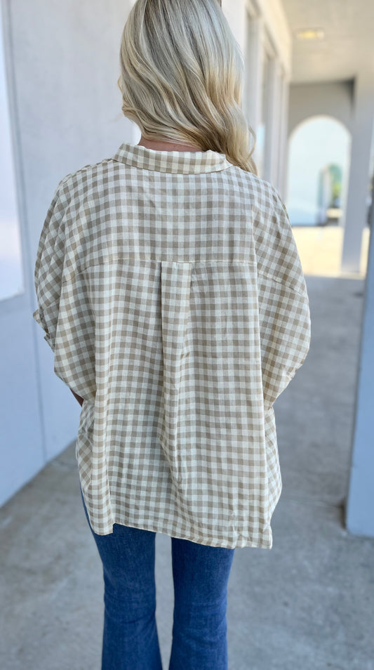 Sand Button Down Textured Gingham Oversized Top