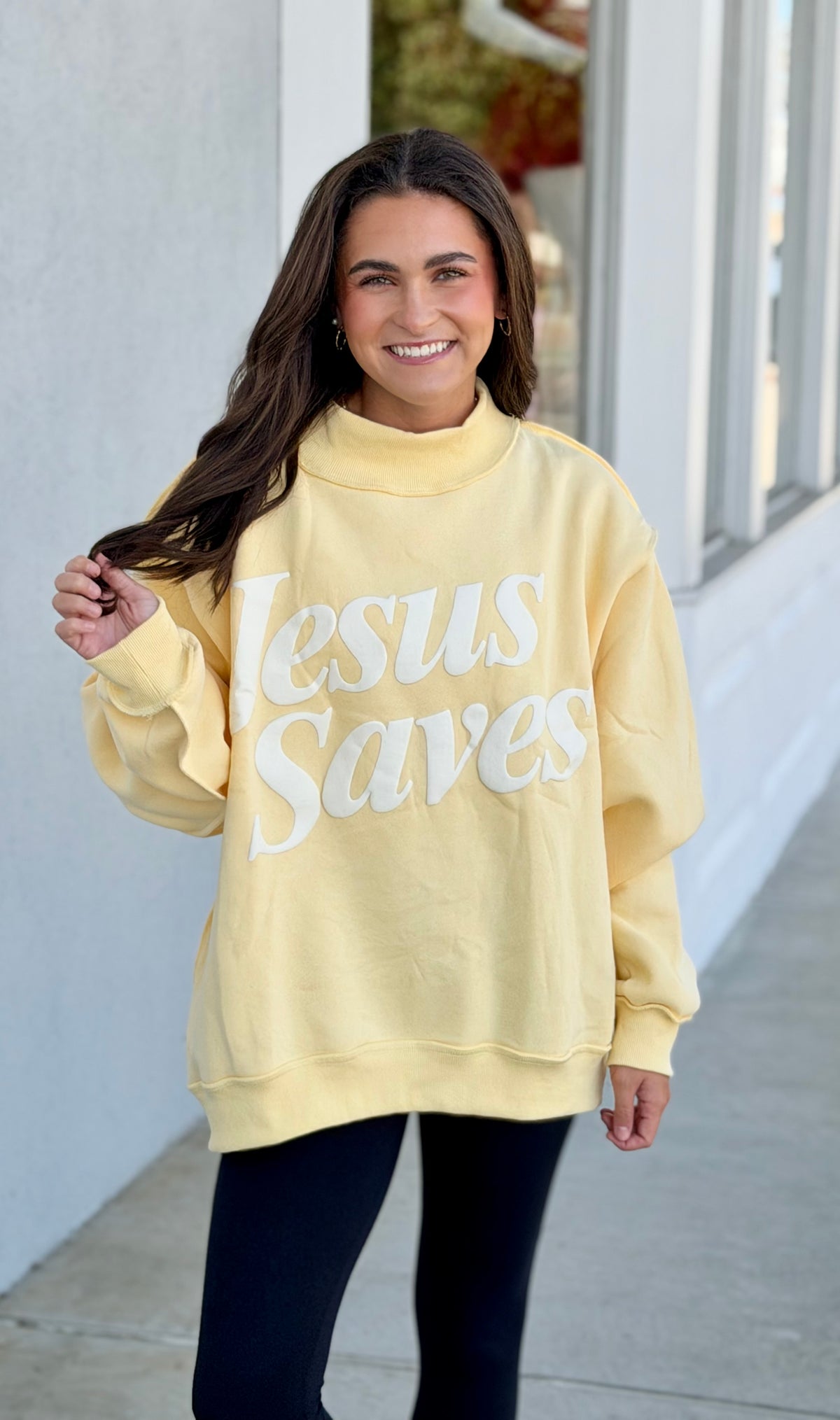 Yellow Jesus Saves Print Mock Neck Sweatshirt
