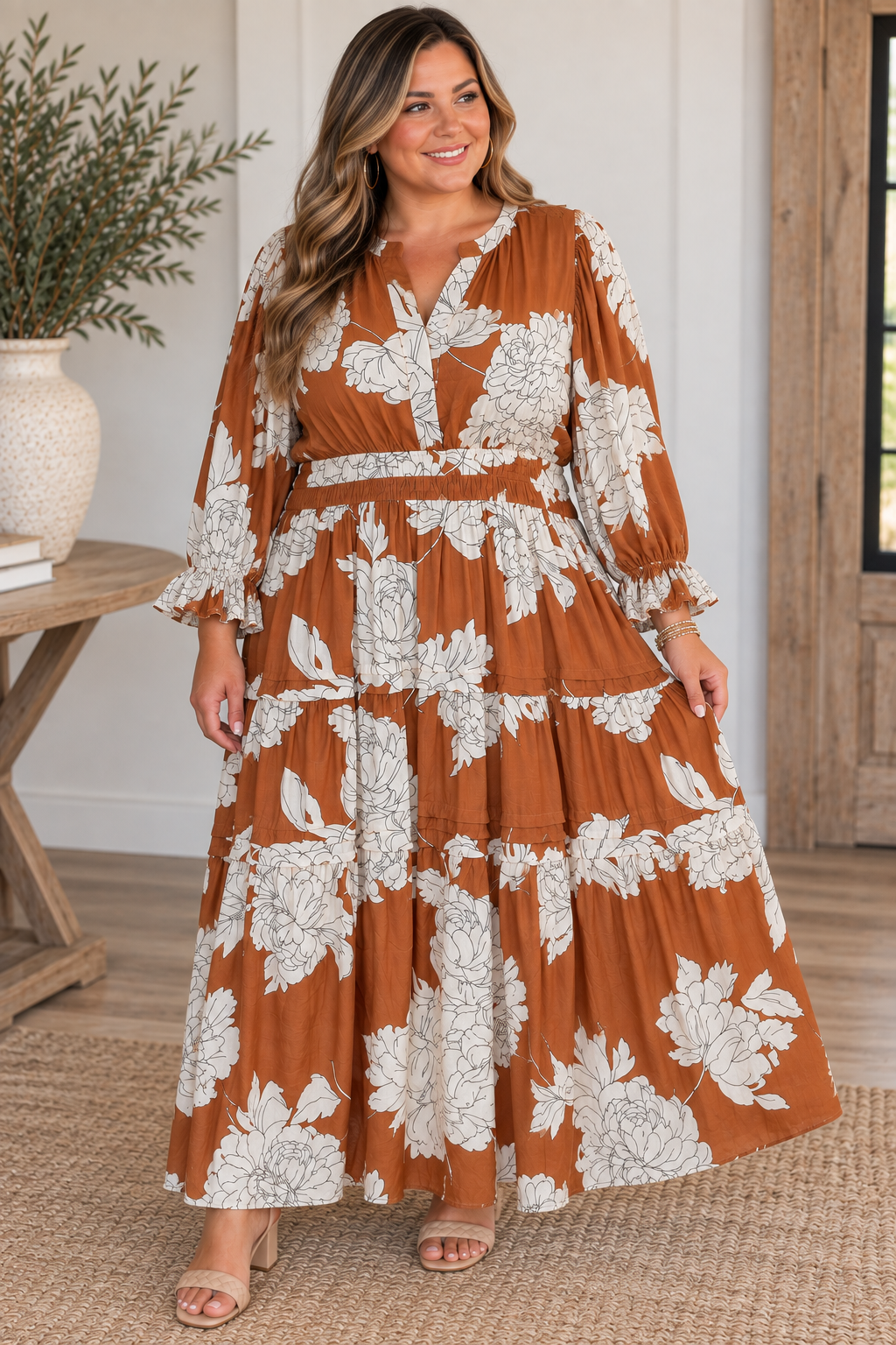 PLUS Caramel 3/4 Sleeve Waisted Elastic Tiered Floral Midi Dress