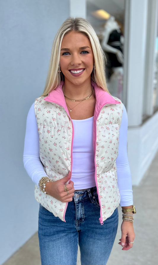 Pink Floral Crop Puffer Vest