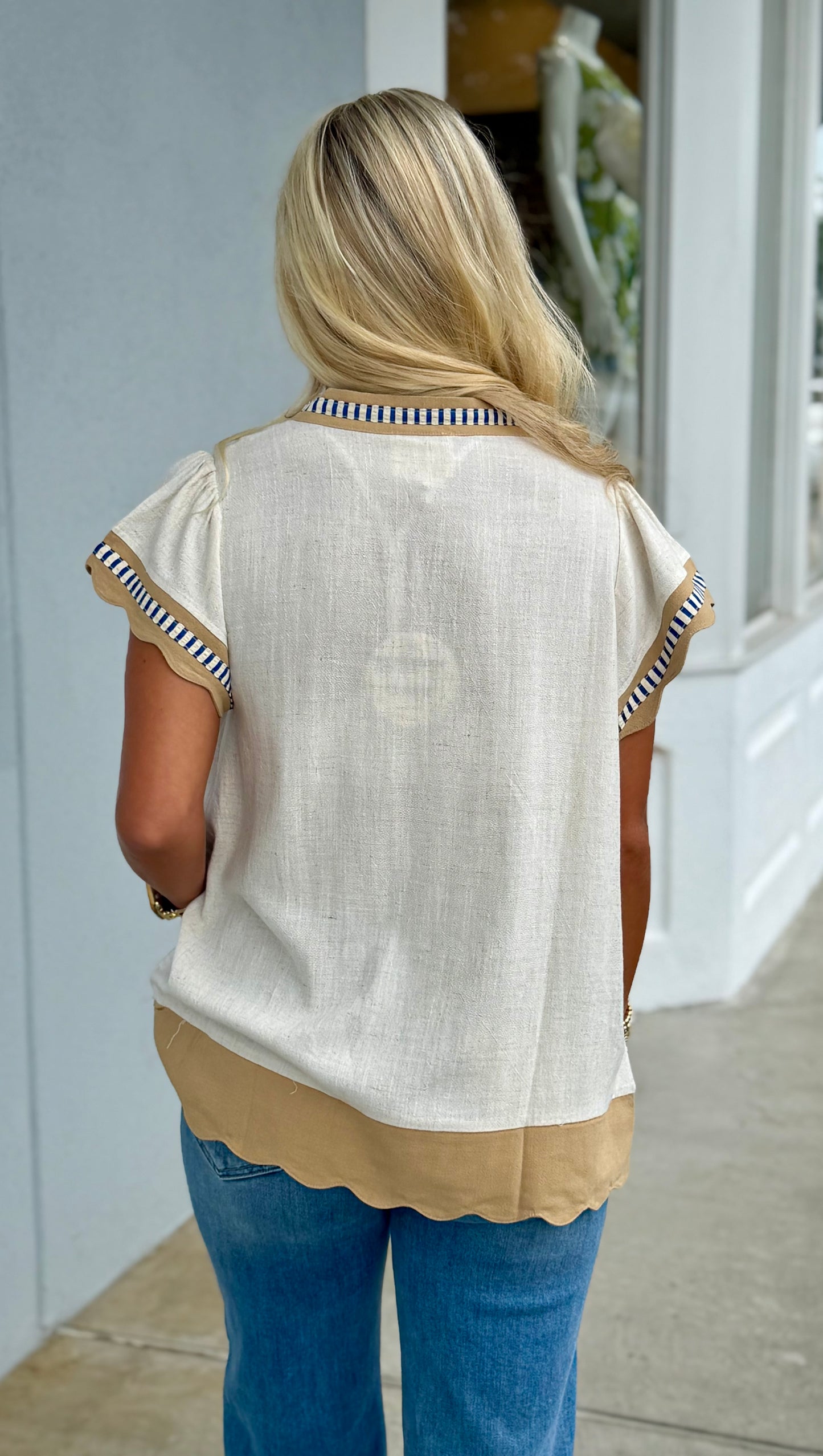 Oatmeal Scallop Trim Top