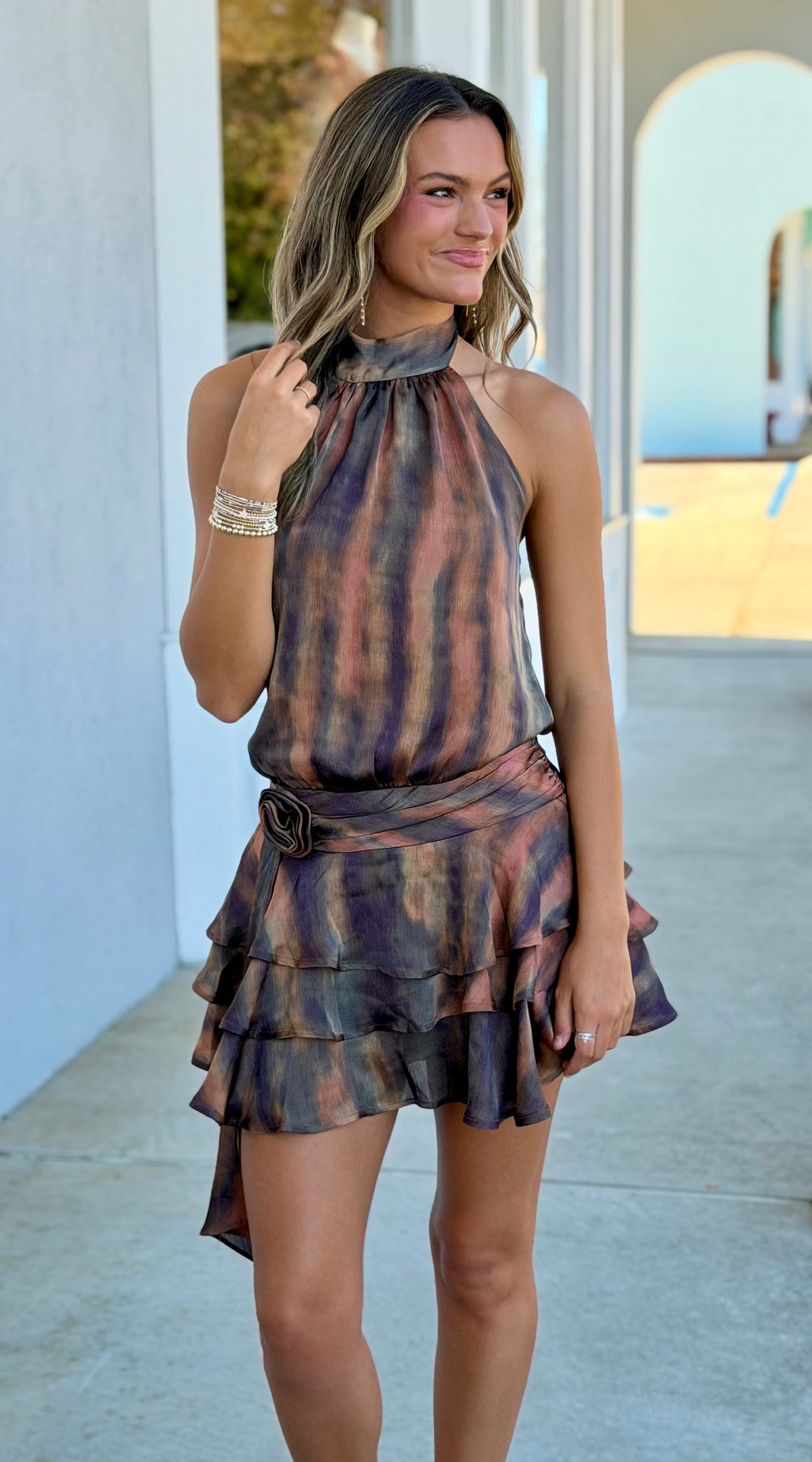 Olive Printed Halter Tiered Dress