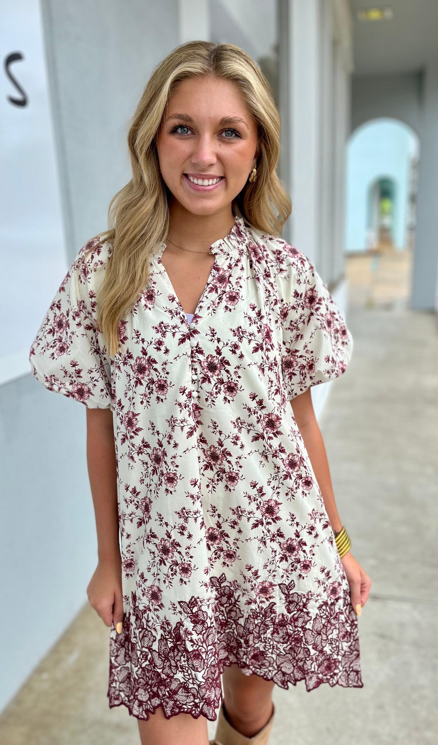Burgundy Bubble Sleeve Embroidered Hem Dress