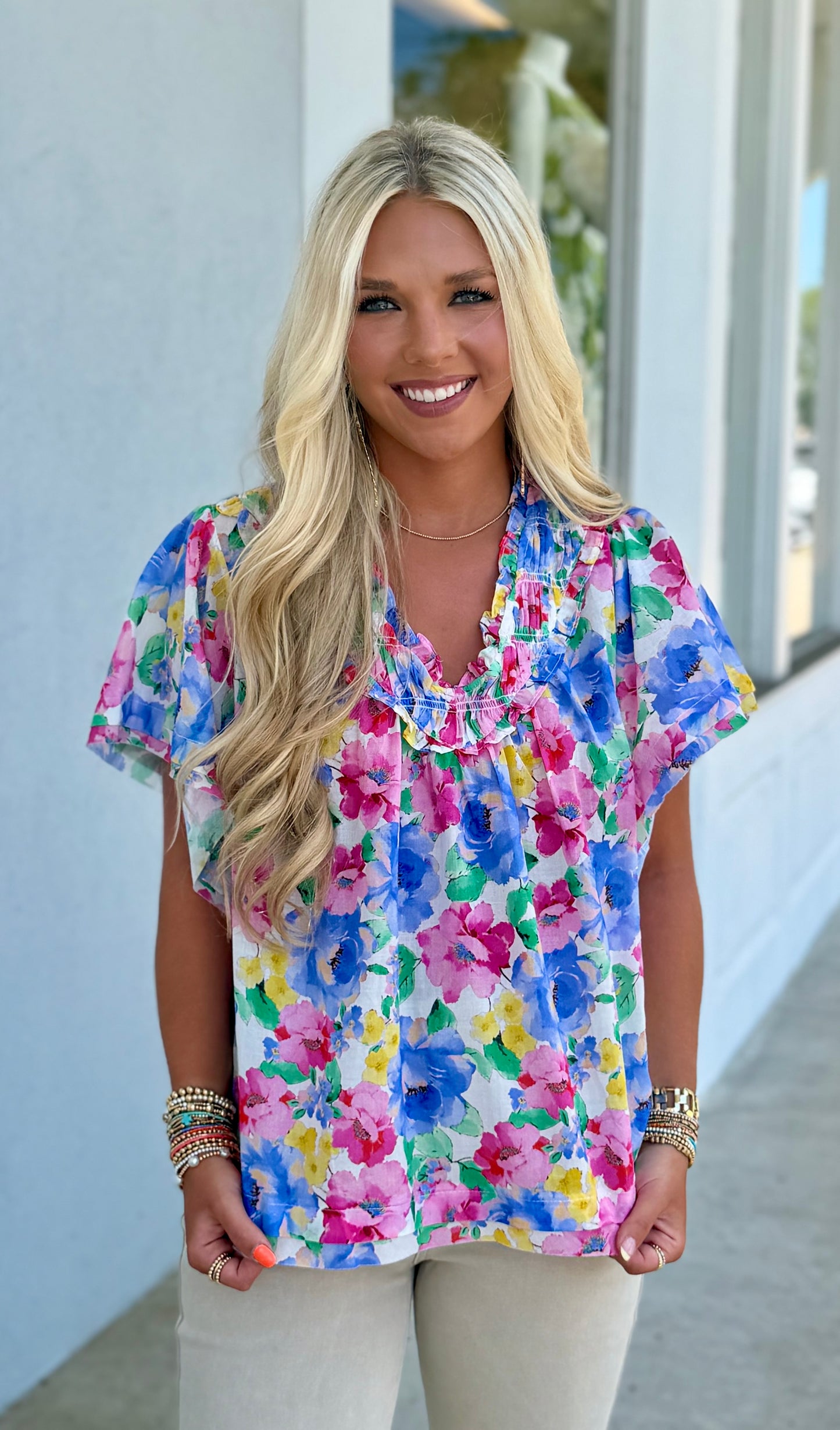Ruffled Floral V Neck Blouse