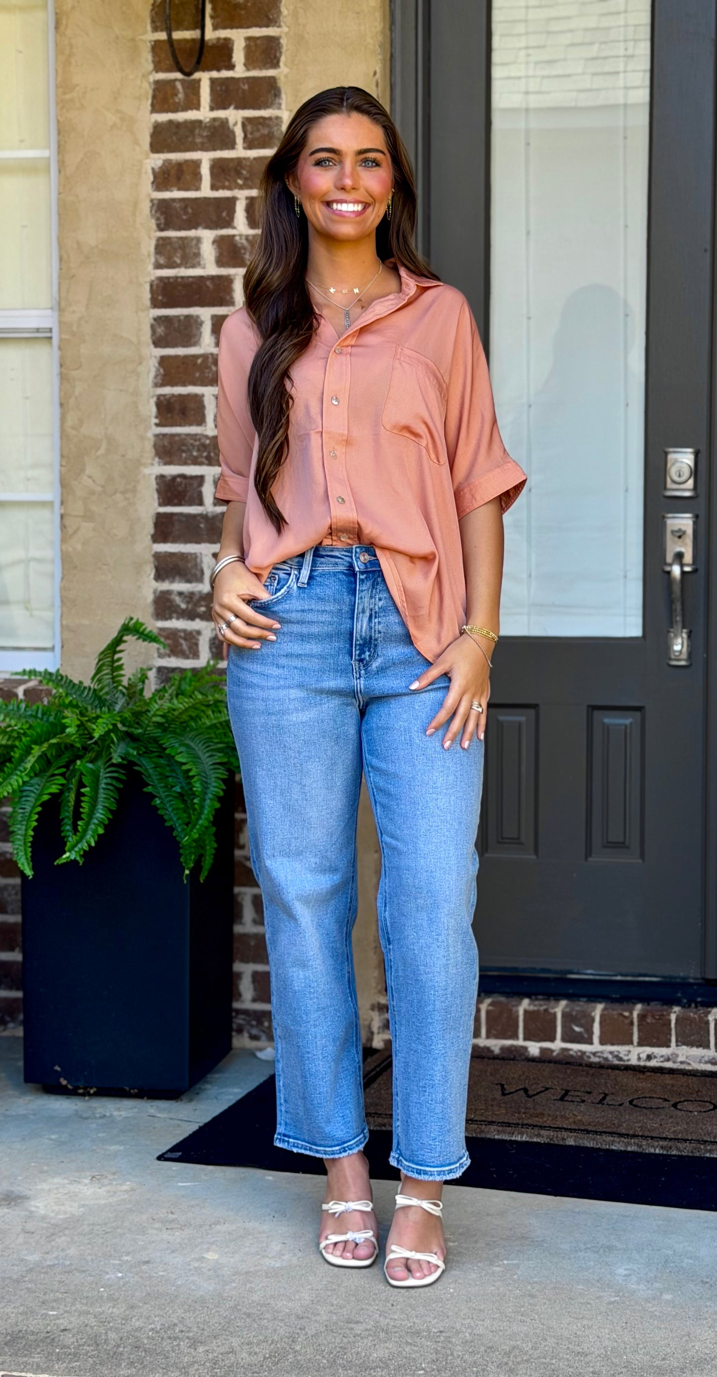 Apricot Short Sleeve Button Down Top