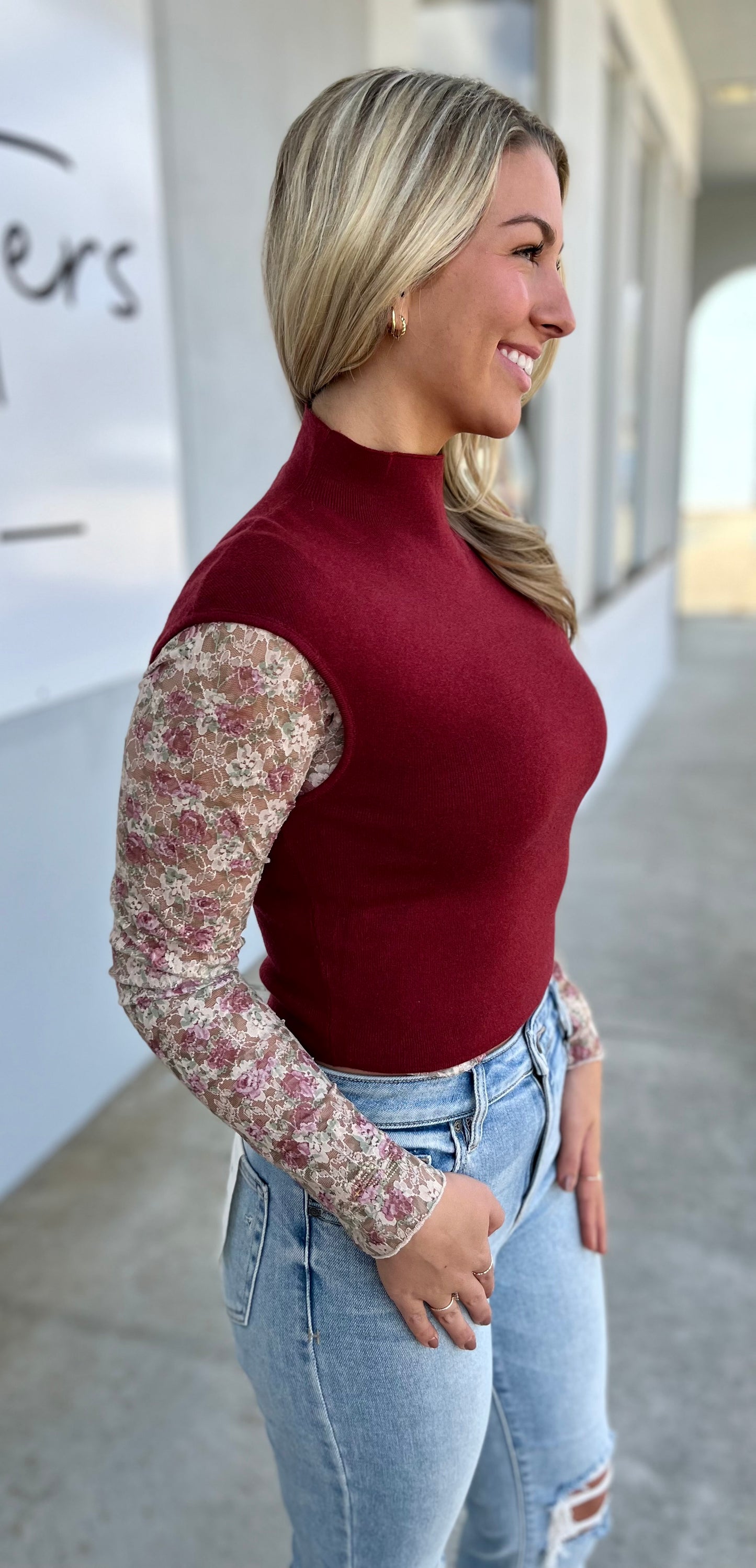 High Neck Sweater Top , Burgundy