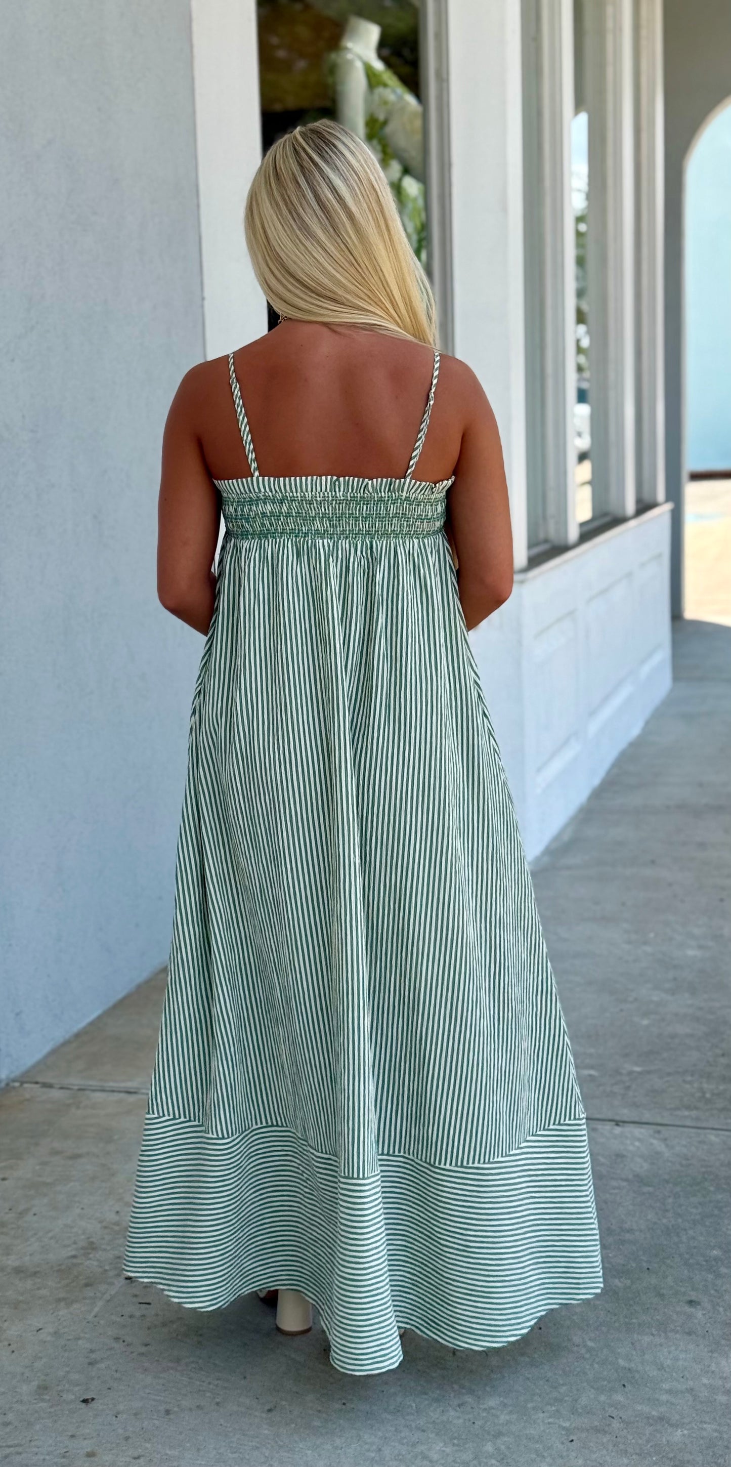 Green Embroidered Smocked Striped Maxi Dress