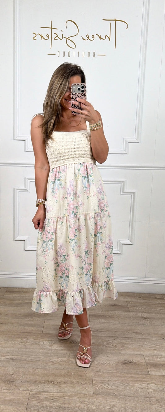 Cream/Pink Crochet Midi Eyelet Dress