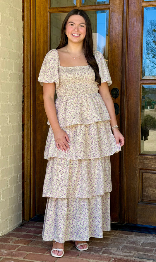 Lemon/Lavender Smocked Ruffle Maxi Dress