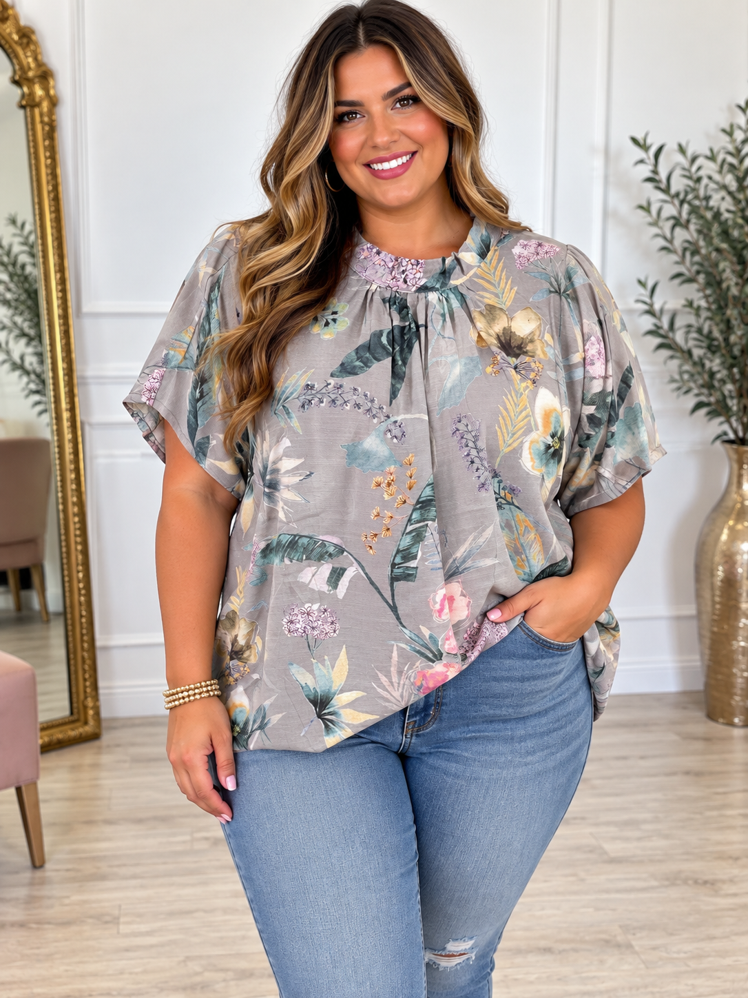 Silver Tropical Mock Neck Plus Blouse
