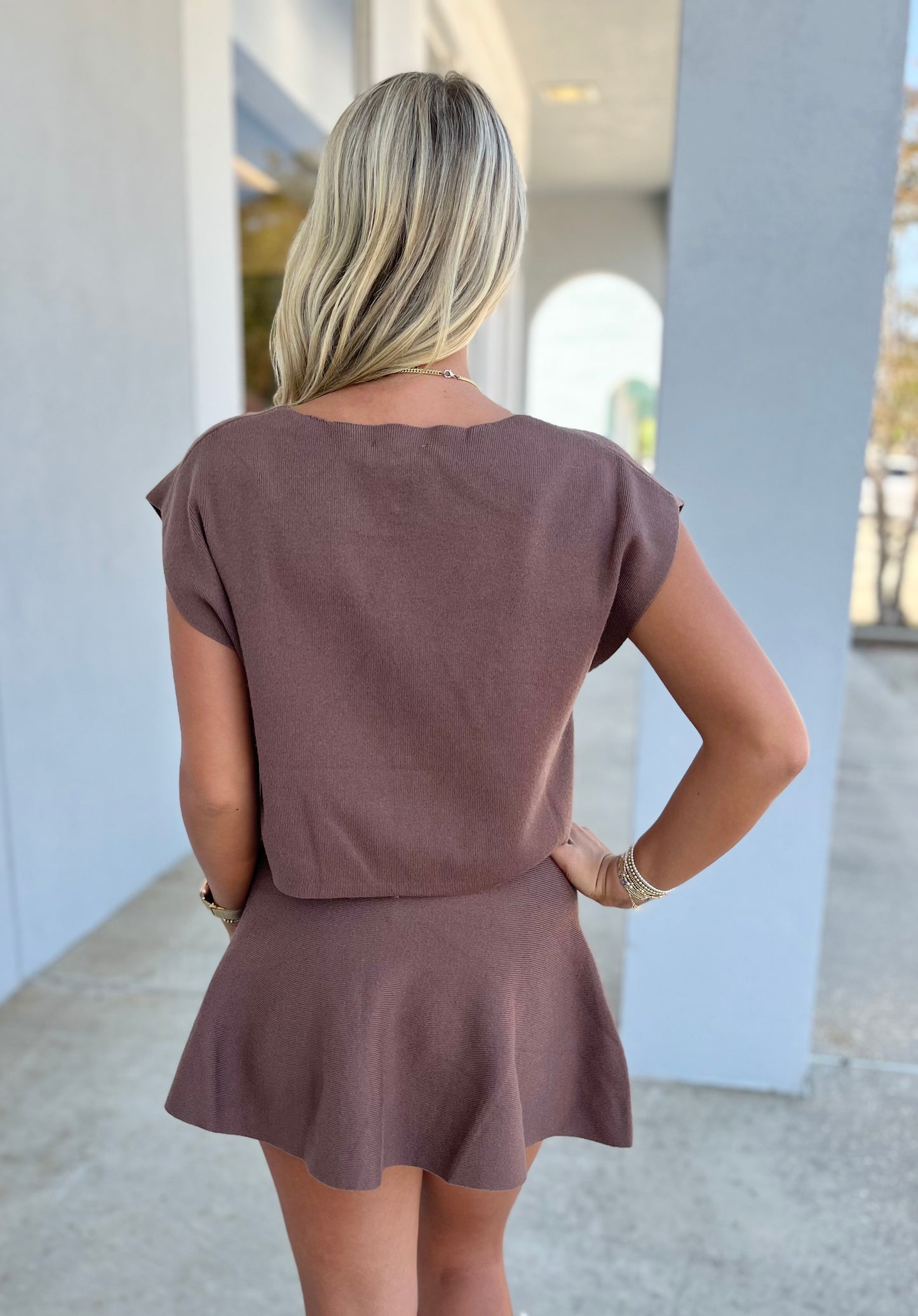 Sleeveless V-Neck Sweater Top & Mink Skirt Set, Brown