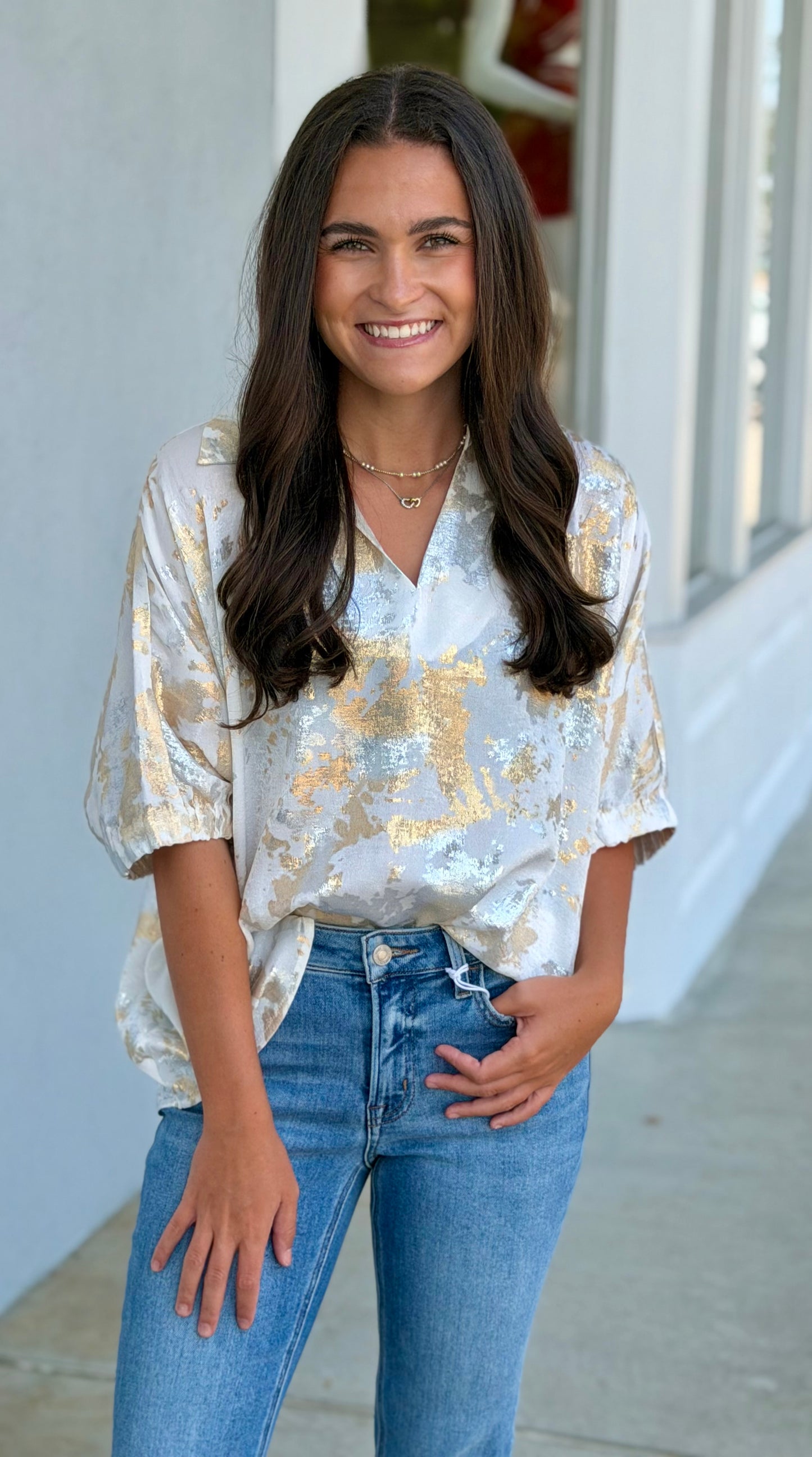 Dolman Sleeve Metallic Top, White