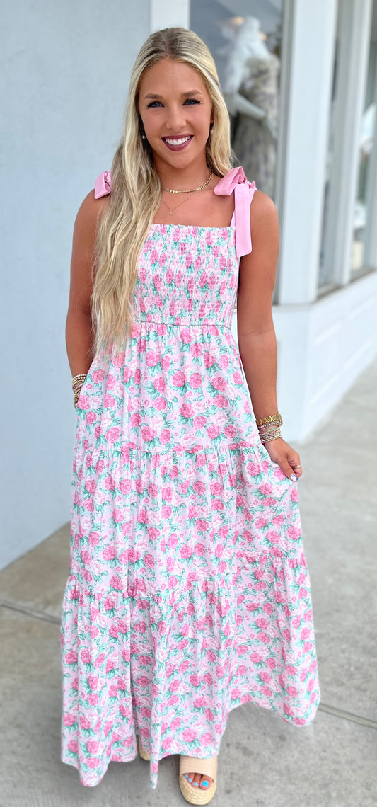 Floral Smocked Bodice Self Tie Midi Dress