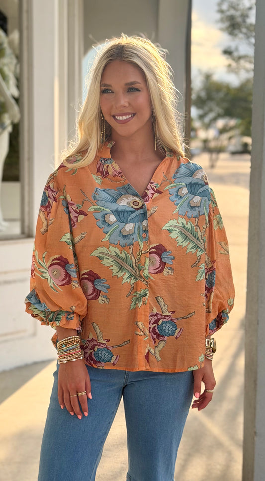 Printed Top 3/4 Gathered Balloon Sleeve, Coral