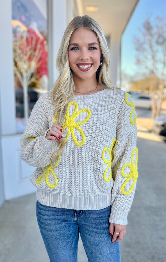 Oatmeal Flower Stitch Sweater