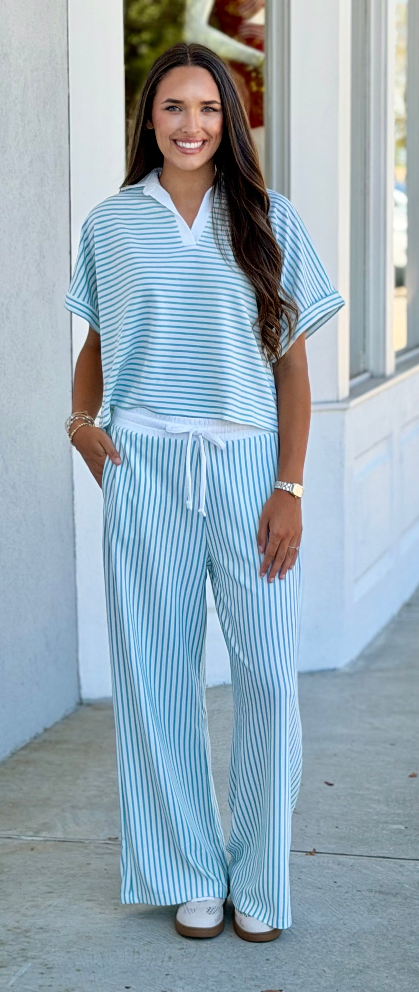 Striped Split Neck Collared Top & Pants SET, Sea Angel