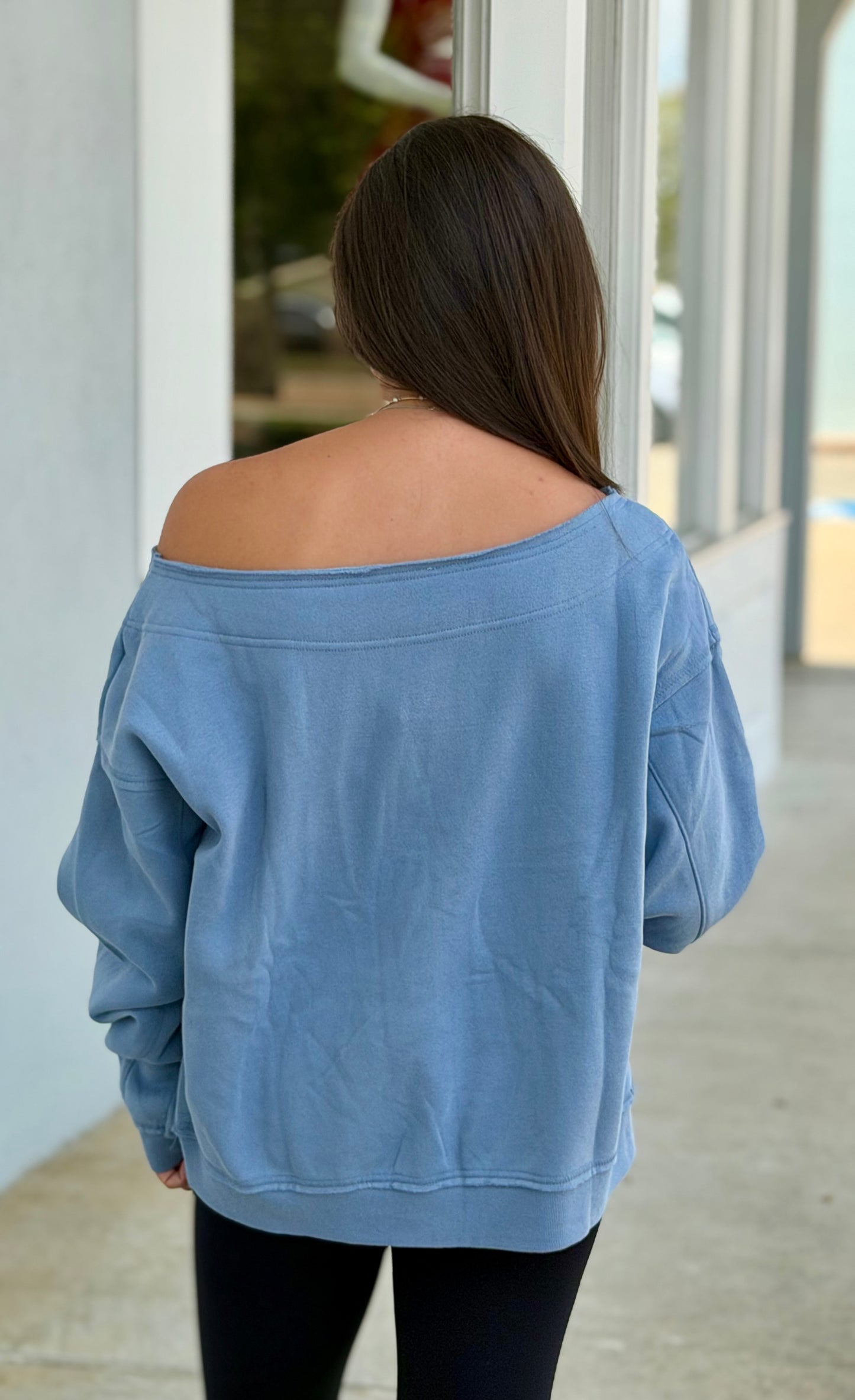 Dusty Blue Off The Shoulder Sweatshirt