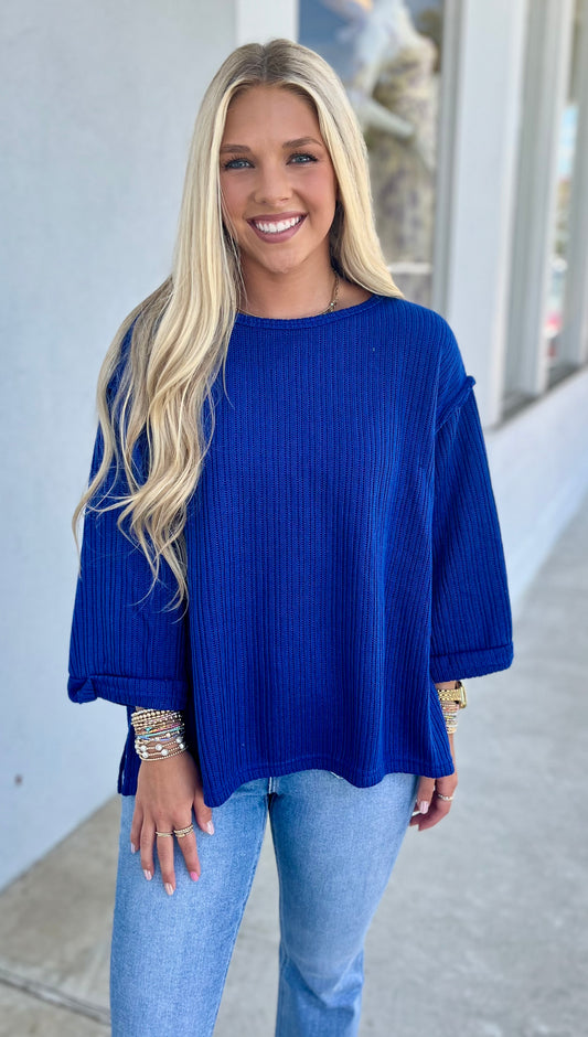Folded Sleeve Knit Top , Royal Blue