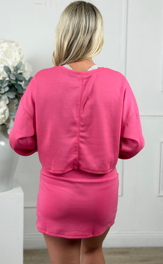 Hot Pink Loungey Crew Neck Top and Skirt SET