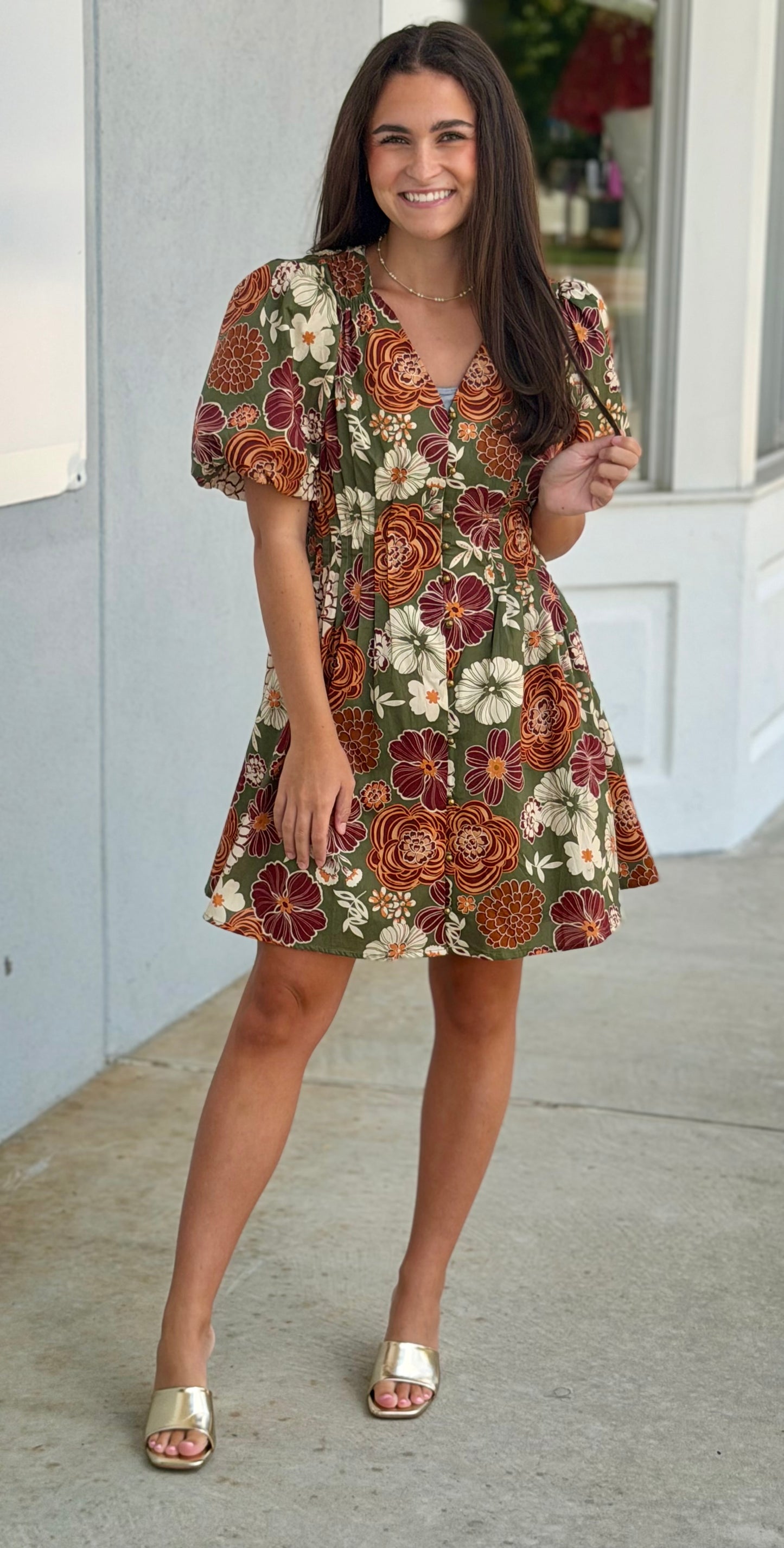 Olive Rust Floral Button Puff Sleeve Dress
