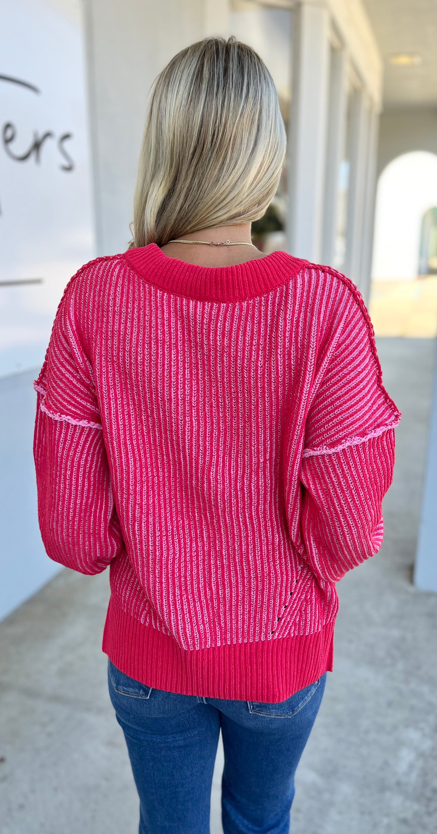 Oversized Two Tone Knit V Neck Sweater, Red