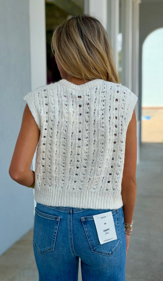 Open Knit Button Sweater Vest, Cream