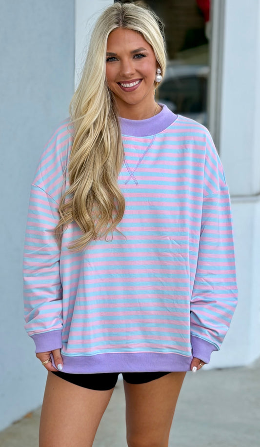 Pink/Blue Mock Neck Striped Sweatshirt