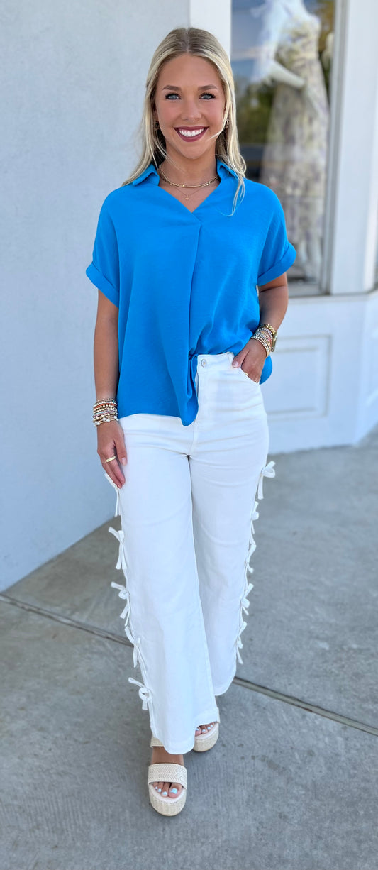 Collared Woven Top , Diva Blue