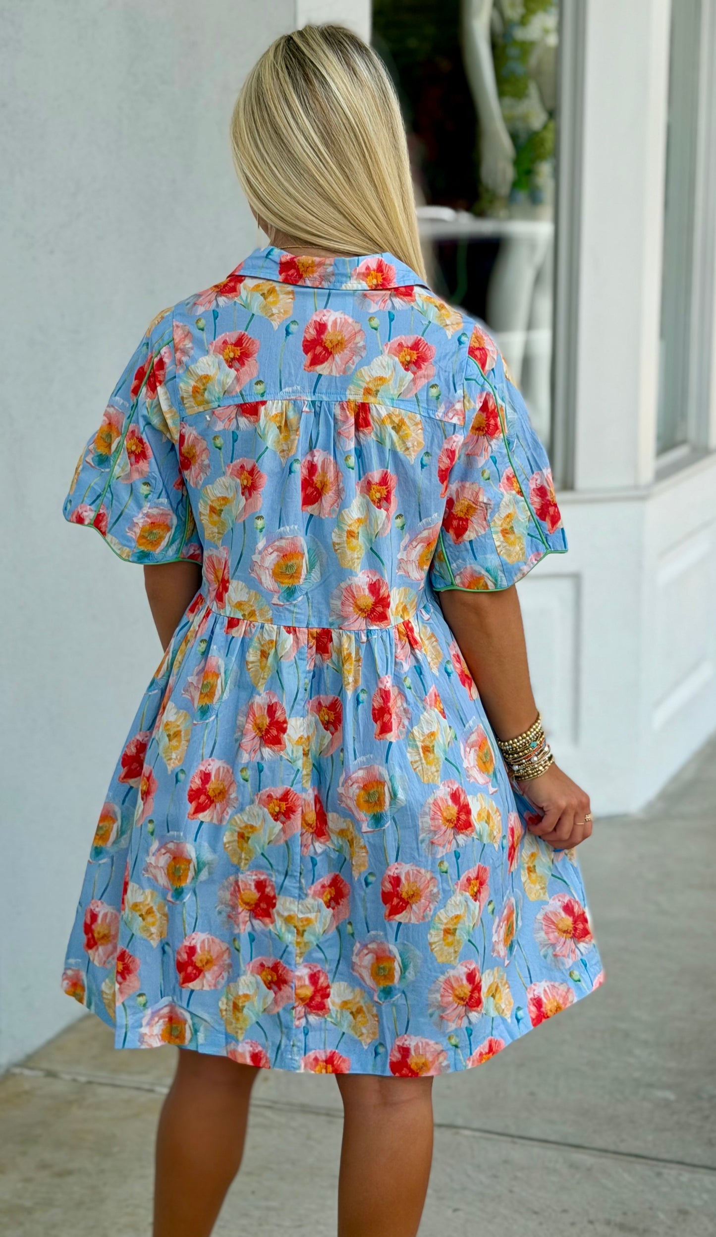 Lt Blue Floral Button Front Babydoll Dress