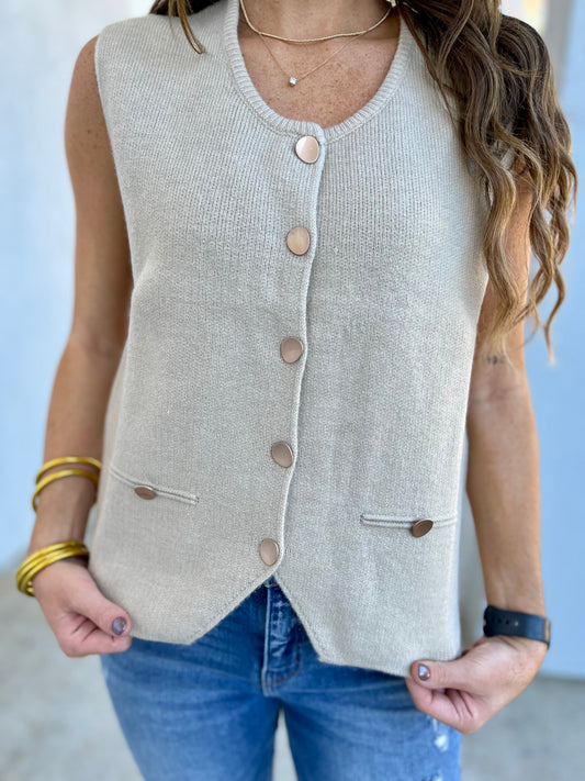 Taupe Round Neck Gold Button Sweater Vest