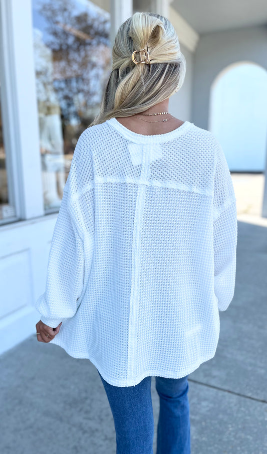 Ivory Waffle Raw Edge Top