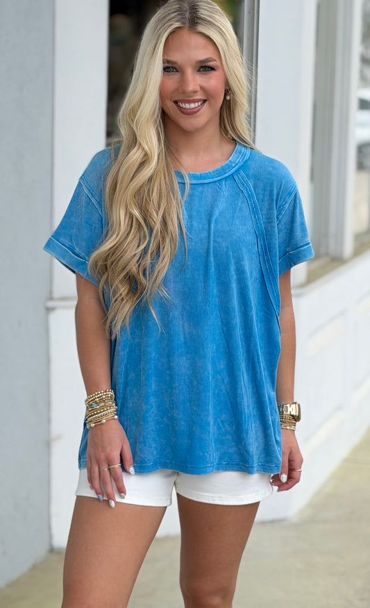 Washed Ribbed Cuffed Round Neck Tee, Deep Sky