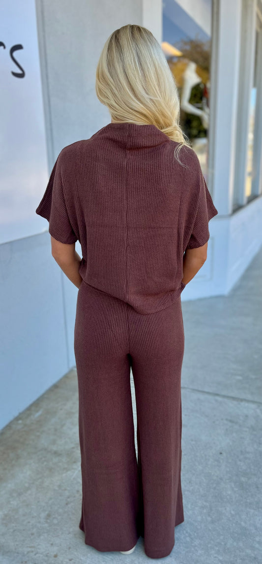 Sweater Mock Neck Top & Pants SET, Brown