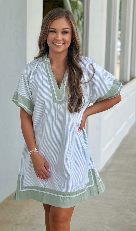Sage Stripe V Neck Dress