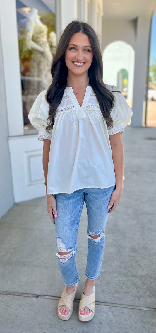 Puff Sleeve Lace Inlet Top , Cream
