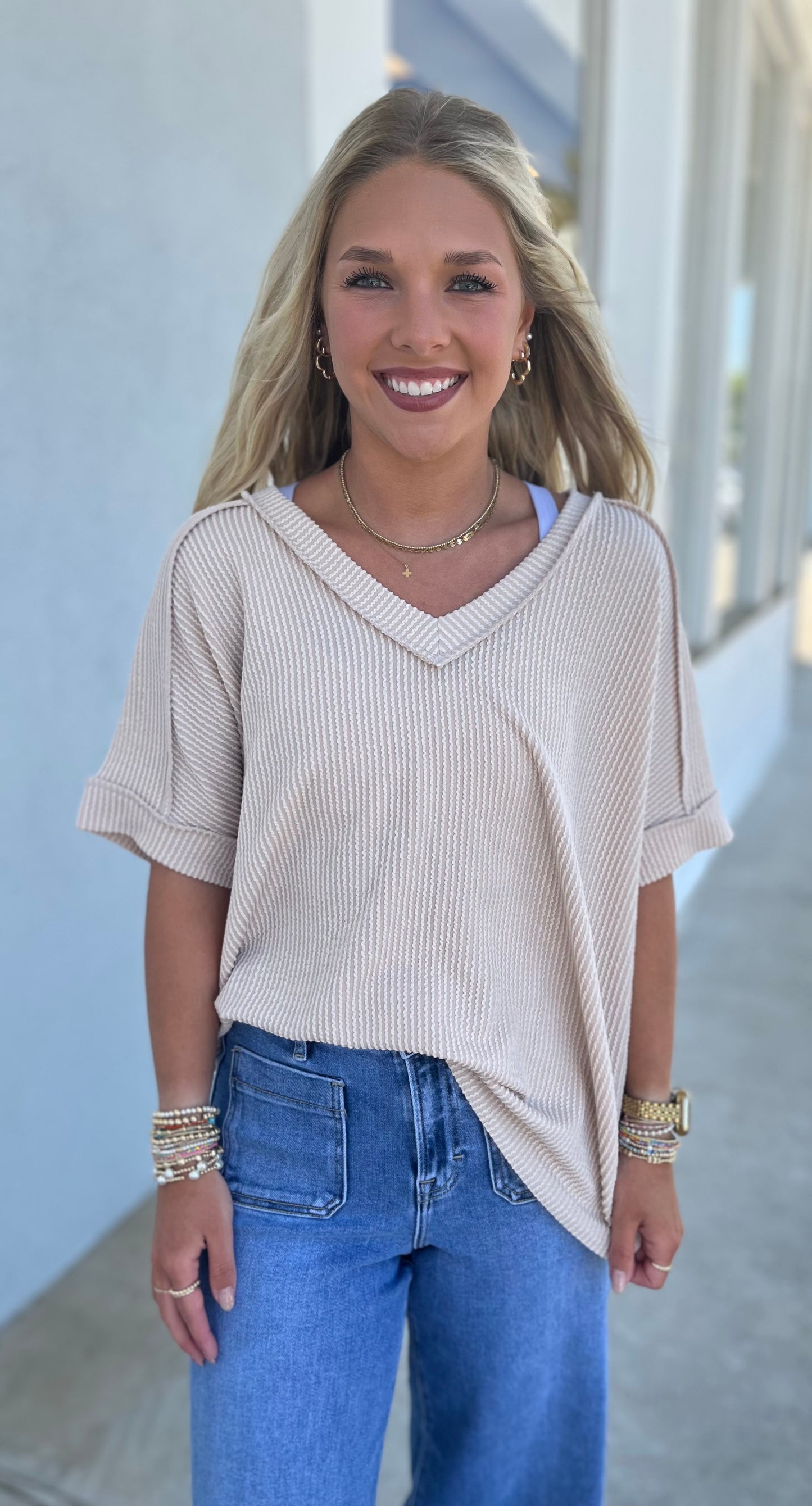 Sand Beige Ribbed V Neck Tee
