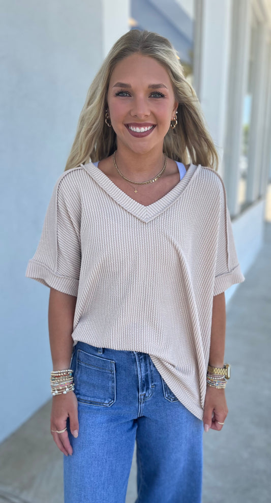 Sand Beige Ribbed V Neck Tee