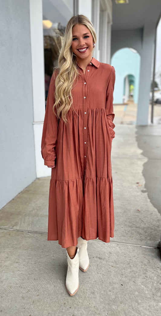 Rust Button Down Midi Dress