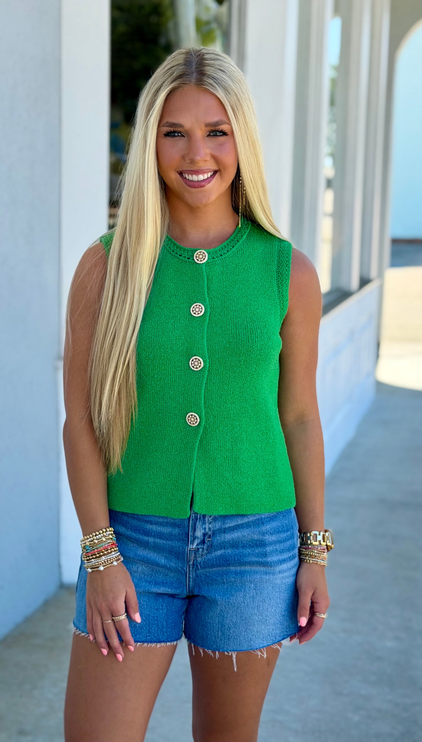 Gold Button Down Sweater Vest, Kelly Green